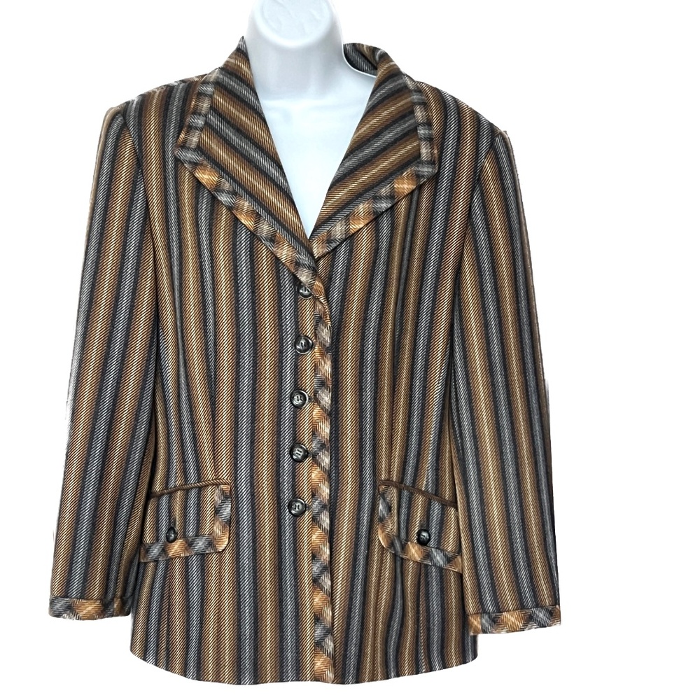 ESCADA Blazer Margaretha Ley Brown Wool Striped 5 Button Jacket Size 40 US M